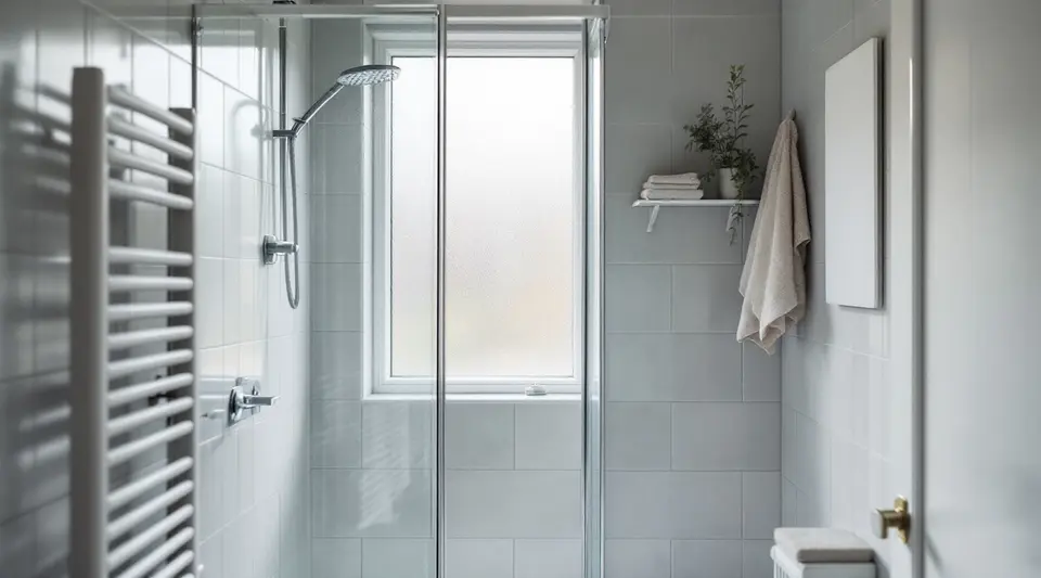 Kleine badkamer met grijze tegels, een inloopdouche en een plat wit glaspaneel hoog aan de wand