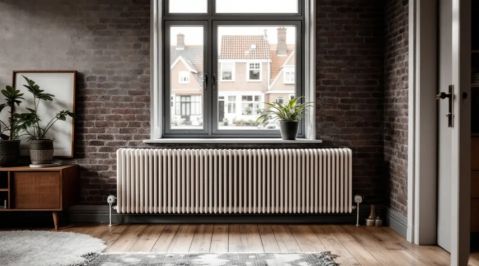 Brede witte radiator onder het raam in een woonkamer uit de jaren dertig