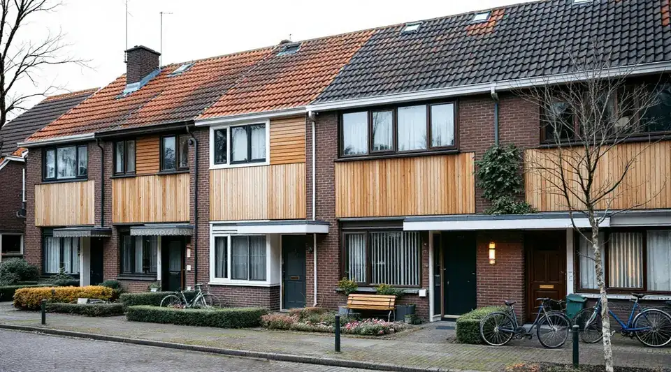 Rijtjeswoningen uit de jaren zeventig met donkerbruine baksteen, houten gevelpanelen en lage heggen in de voortuin