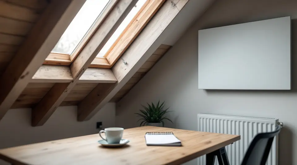 Werkplek op een zolder onder een schuin dak, met een bureau en een plat paneel aan de wand