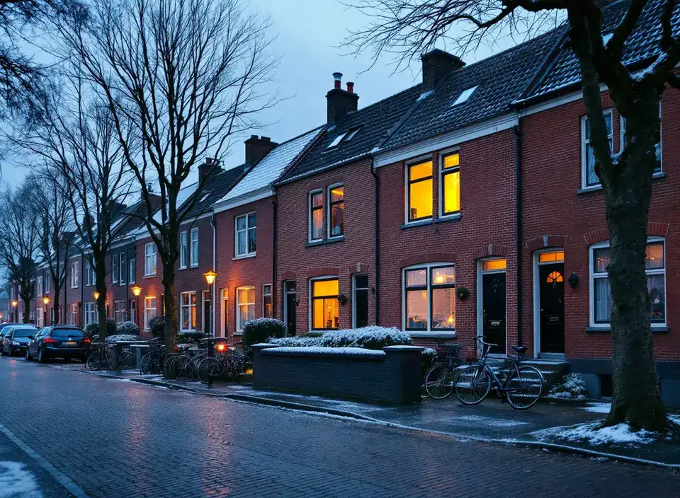 Straat met bakstenen rijtjeswoningen in de winterschemering, met licht achter de ramen