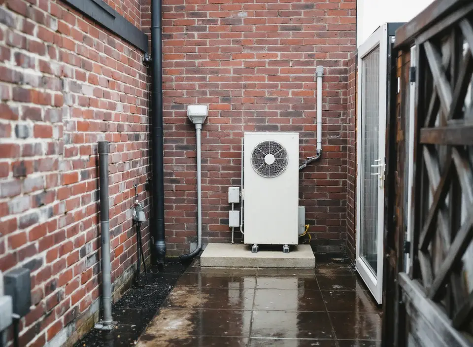 Buitenunit van een warmtepomp op een betonnen tegel in de achtertuin van een rijtjeshuis