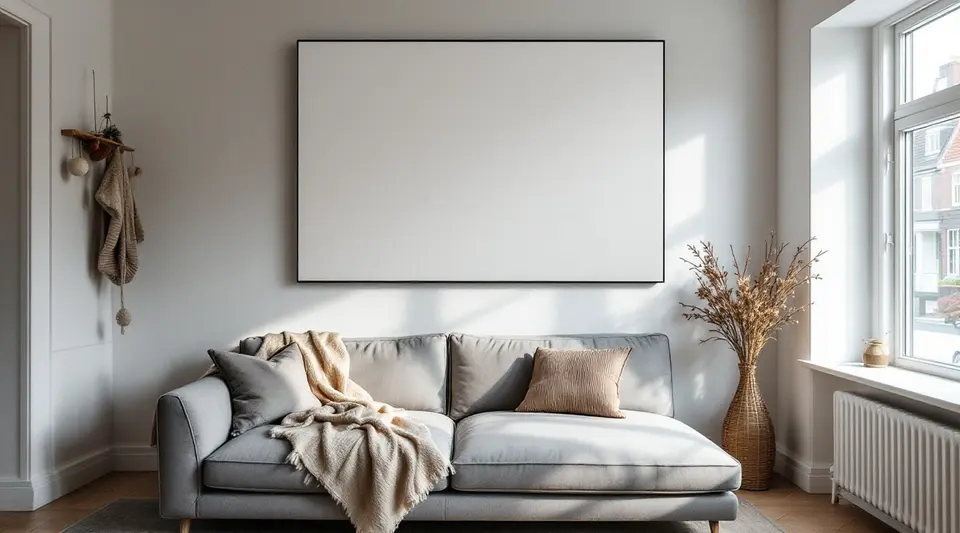 Zithoek in een Nederlandse woonkamer met een grijze bank en een plat wit infraroodpaneel aan de muur erboven